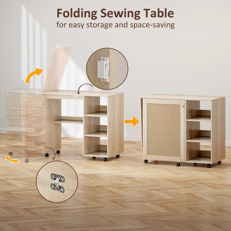 HOMCOM Sewing Machine Table with Drop Leaf, Folding Craft Table Rattan Door and Storage Shelves for Small Spaces, Natural