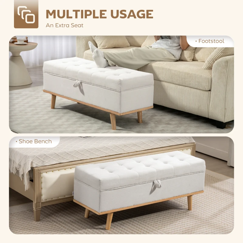 HOMCOM Storage Ottoman Bench, Foot Rest with Lift-Up Lid and Wood Legs, Linen Storage Chest for Living Room, Cream White
