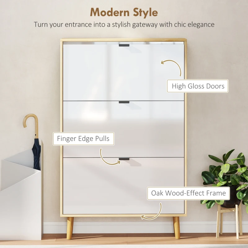 HOMCOM Narrow Shoe Cabinet, High Gloss Shoe Storage Cabinet with 3 Flip Drawers and Adjustable Shelves, Holds 24 Pairs, White