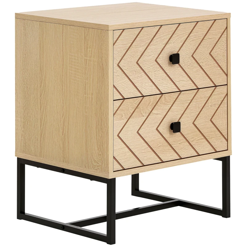 HOMCOM Modern Nightsta, Bedside Table with Drawers, Side End Table with Metal Legs for Bedroom, Zig Zag Design, Natural