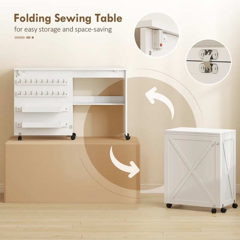 HOMCOM Sewing Machine Table on Wheels, Folding Craft Table with 2 Bins, Storage Shelf, 18 Pegs, Lockable Wheels, White