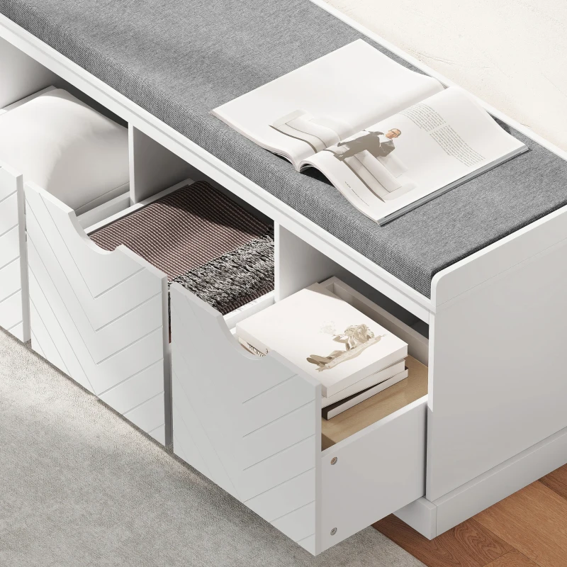 HOMCOM Shoe Storage Bench, Linen-Look Entryway Bench with 3 Removable Drawers and Padded Seat Cushion for Hallway, White