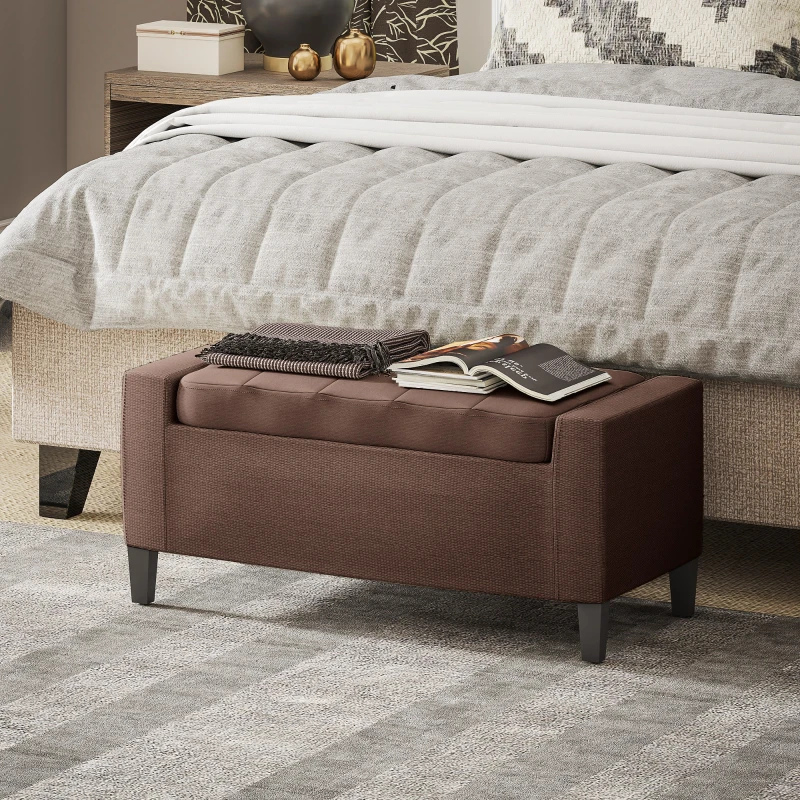 HOMCOM Storage Ottoman Bench, Linen Upholstered Bench with Tufted Design, Brown