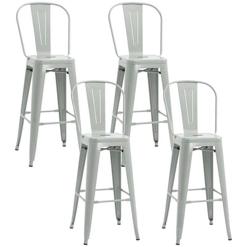 HOMCOM Set of 4 Bar Stools Kitchen Industrial Breakfast Bistro Cafe Metal Frame Silver Grey