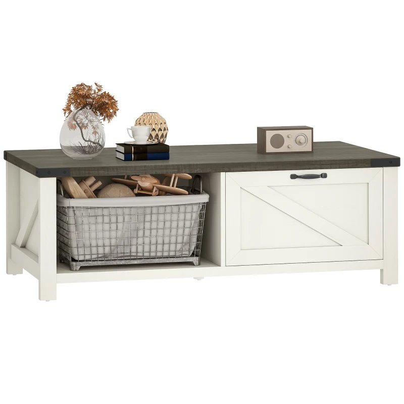 HOMCOM Farmhouse Coffee Table with Drawer, Open Storage Shelf for Living Room, Dining Room, Office, Distressed White