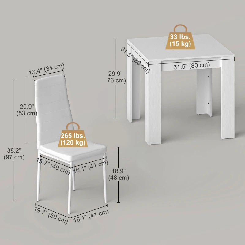 HOMCOM Dining Table Set for 2, Square Kitchen Table and Chairs, Dining Room Table and PU Leather Upholstered Chairs, White