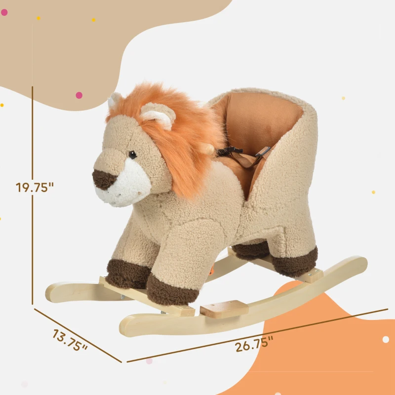 Qaba Baby Rocking Horse Lion with Sound, Plush Stuffed Rocking Animals, Wooden Rocking Horse with Seat Belt for 18-36 Months Boys and Girls Gift, Brown