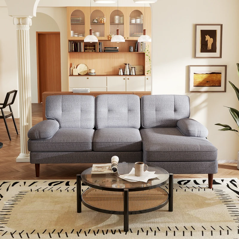 HOMCOM Modern Corner Couch with Right Chaise Lounge, Tufted 3-Seater Sofa with Wooden Legs for Living Room, Grey
