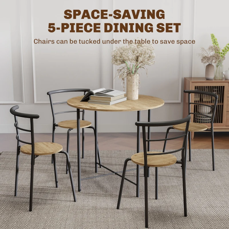 HOMCOM 5 Piece Dining Table Set, Space Saving Round Dining Set for 4 with Metal Frame for Small Spaces, Natural