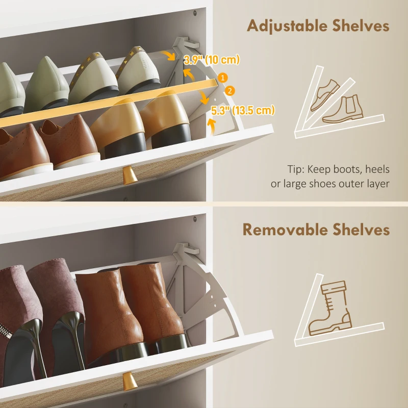 HOMCOM Rattan Shoe Storage Cabinet with 3 Flip Drawers and Adjustable Shelves, Entryway Shoe Cabinet for 18 Pairs, White