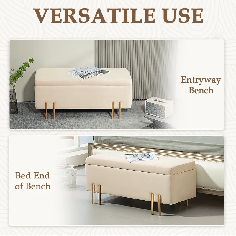 HOMCOM Storage Ottoman Bench, Flip-Top Bedroom Bench, 18.5 Gallons, Modern Velvet Storage Chest with Metal Legs, Beige
