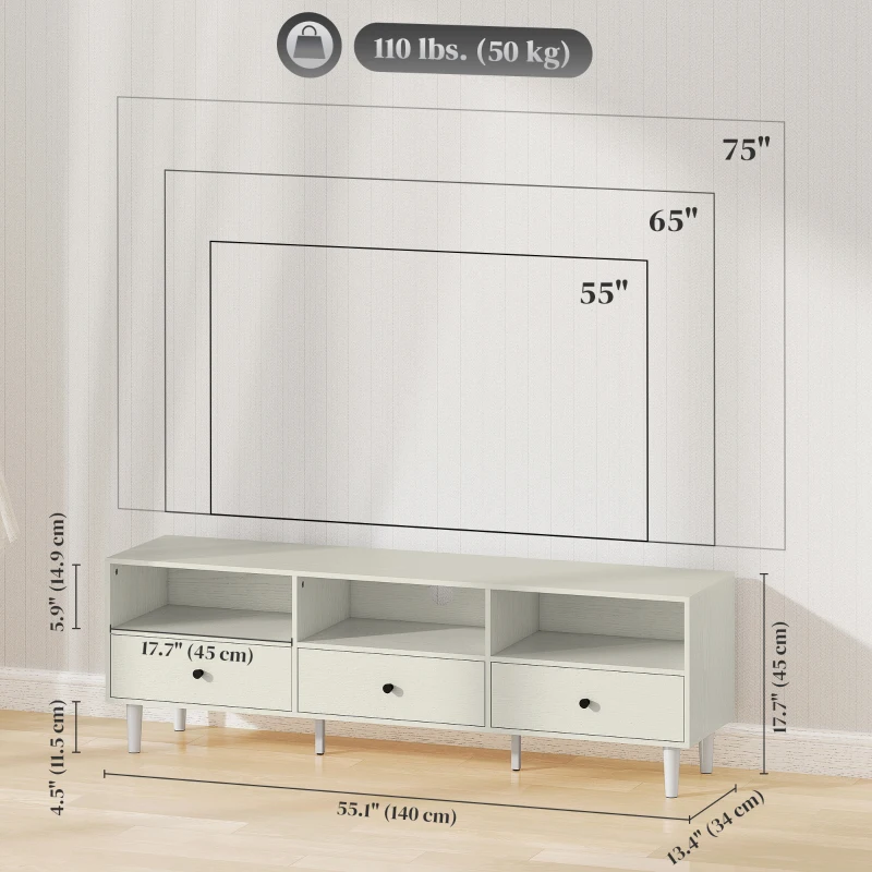 HOMCOM TV Stand for up to 75 Inches, TV Table with 3 Storage Shelves, 3 Drawers for Living Room, Bedroom, Cream White