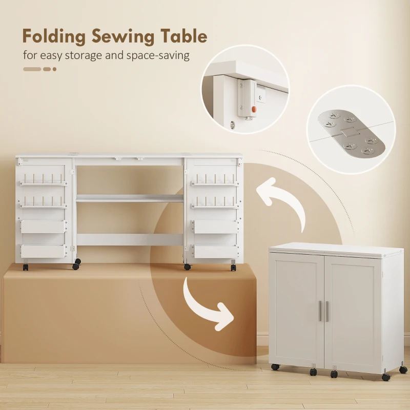 HOMCOM Folding Craft Table, Rolling Sewing Machine Table with Magnetic Doors, Bins, Pegs, Storage Shelf, Lockable Wheels, White