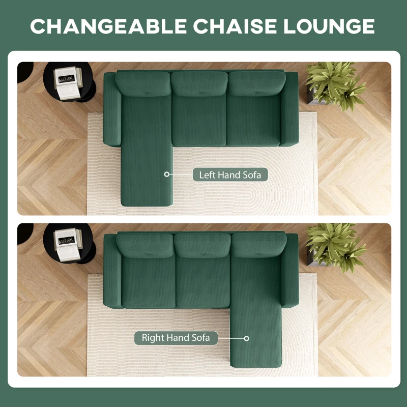 HOMCOM Sectional Sofa with Changeable Chaise Lounge, 3 Seat L-Shaped Sofa, Upholstered Couch for Small Space, Dark Green