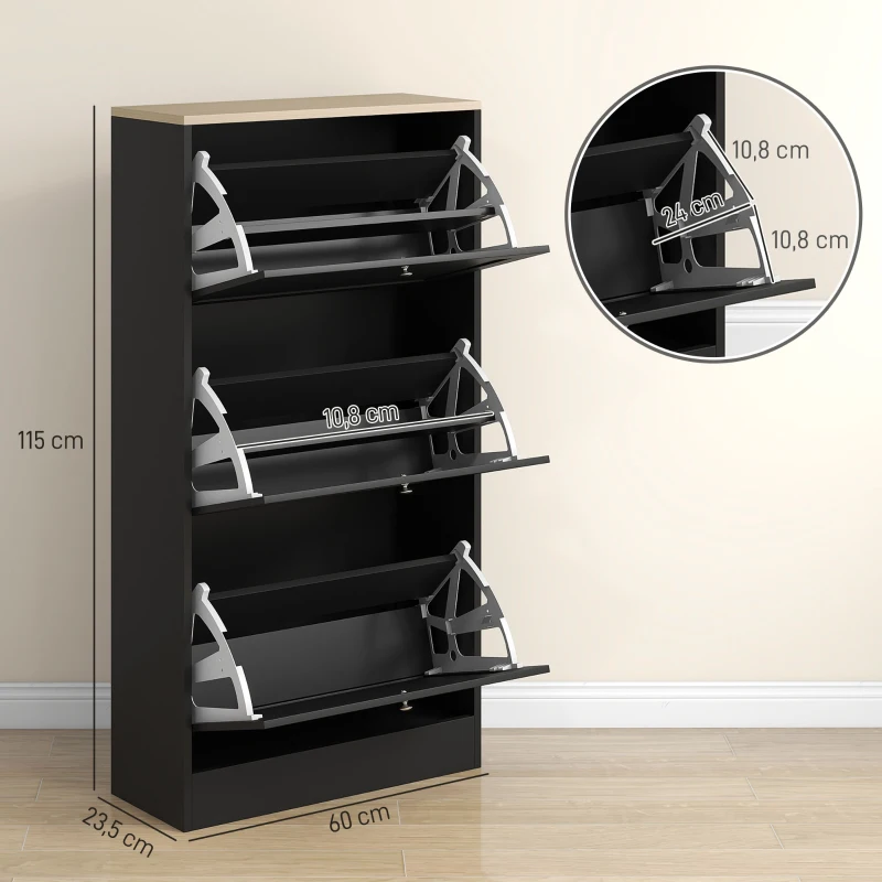 HOMCOM Modern Shoe Storage Cabinet with 3 Flip Drawers and Adjustable Shelves for 12-18 Pairs of Shoes, Black