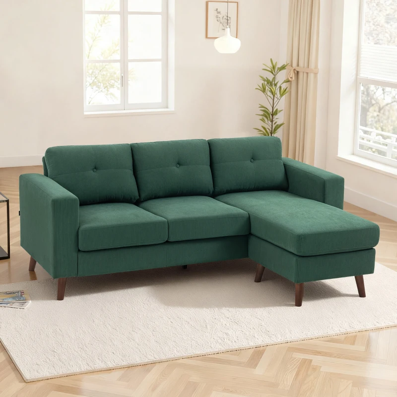 HOMCOM Sectional Sofa with Changeable Chaise Lounge, 3 Seat L-Shaped Sofa, Upholstered Couch for Small Space, Dark Green
