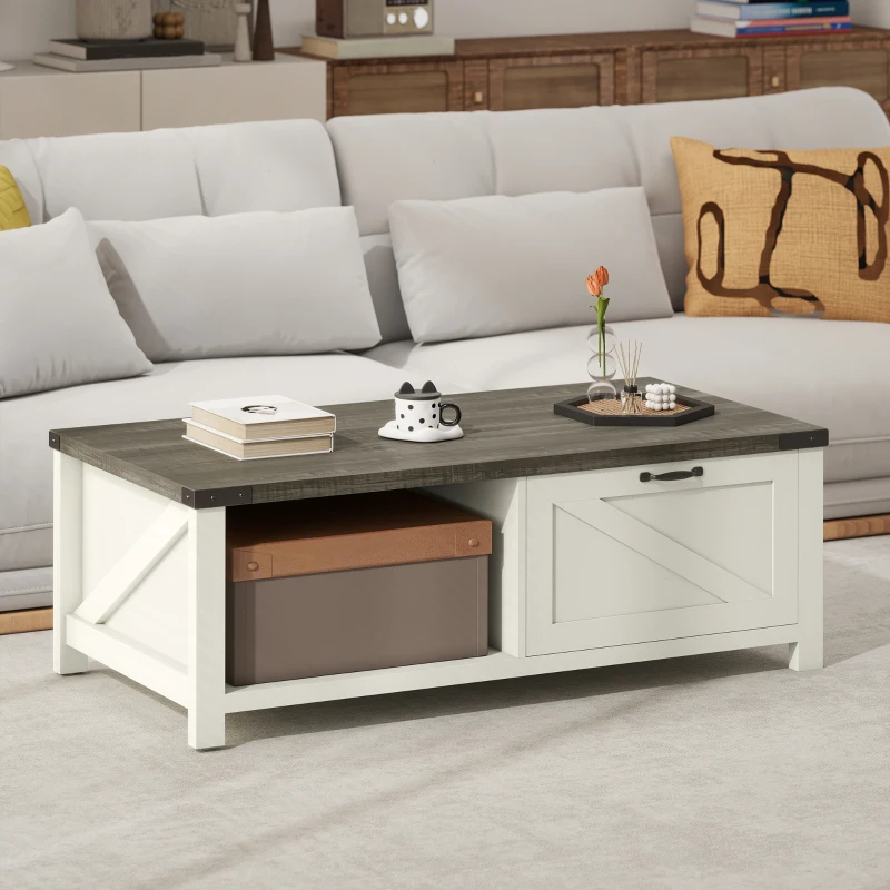HOMCOM Farmhouse Coffee Table with Drawer, Open Storage Shelf for Living Room, Dining Room, Office, Distressed White