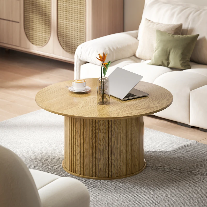 HOMCOM 31.5" Round Coffee Table, Nordic Style Center Table with Fluted Cylindrical Base for Living Room, Oak