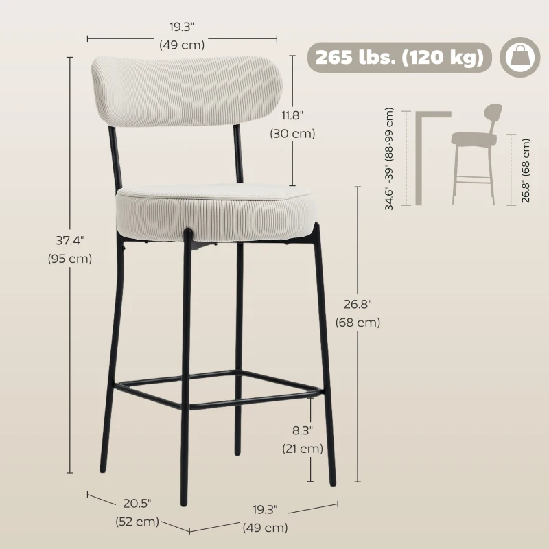 HOMCOM Set of 2 Barstools, Upholstered Corduroy Bar Stools with Backrest, Footrest for Kitchen Island, Dining Room, Cream White