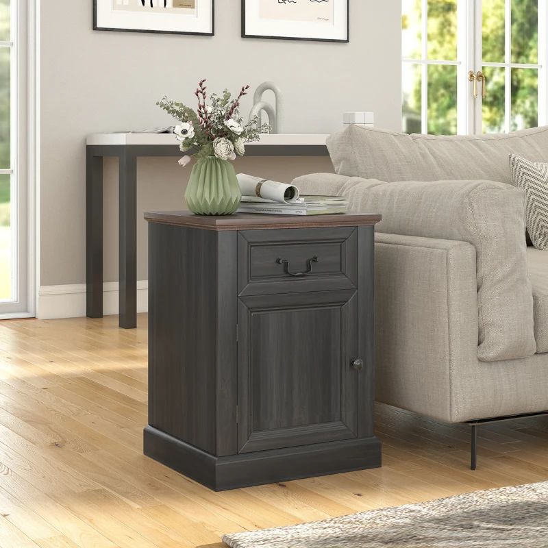 HOMCOM Side Table Set of 2, End Tables with Drawer and Cabinet, Nightstands for Small Spaces, Living Room, Black