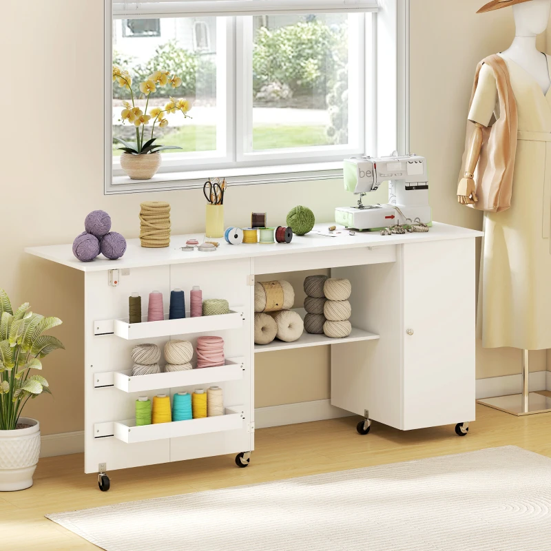 HOMCOM Sewing Machine Table with Drop Leaf, Folding Craft Table with 2 Doors and Adjustable Shelf for Small Spaces, White