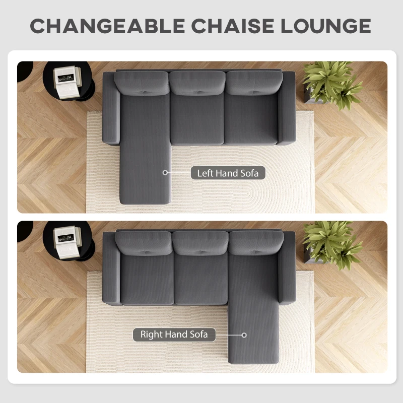 HOMCOM Sectional Sofa with Changeable Chaise Lounge, 3 Seat L-Shaped Sofa, Upholstered Couch for Small Space, Dark Grey