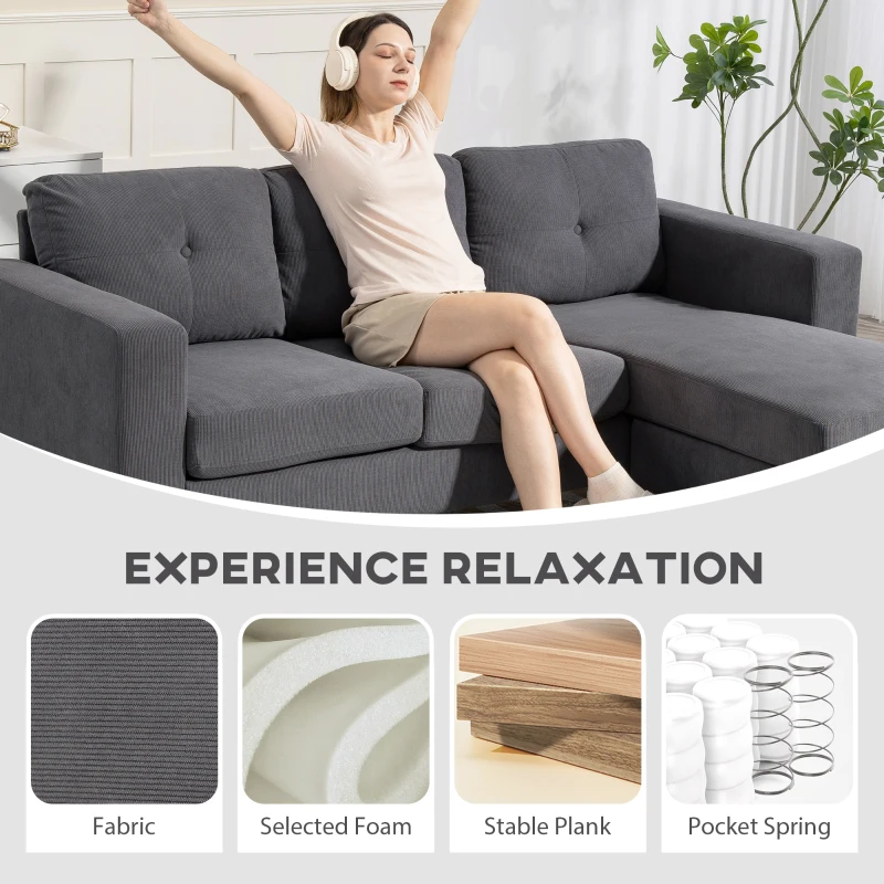HOMCOM Sectional Sofa with Changeable Chaise Lounge, 3 Seat L-Shaped Sofa, Upholstered Couch for Small Space, Dark Grey