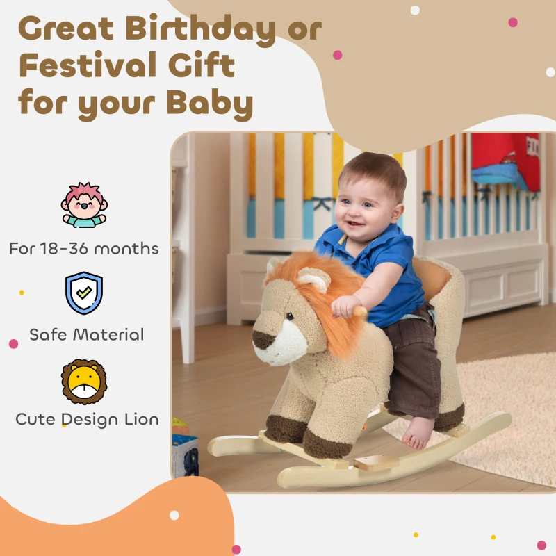 Qaba Baby Rocking Horse Lion with Sound, Plush Stuffed Rocking Animals, Wooden Rocking Horse with Seat Belt for 18-36 Months Boys and Girls Gift, Brown