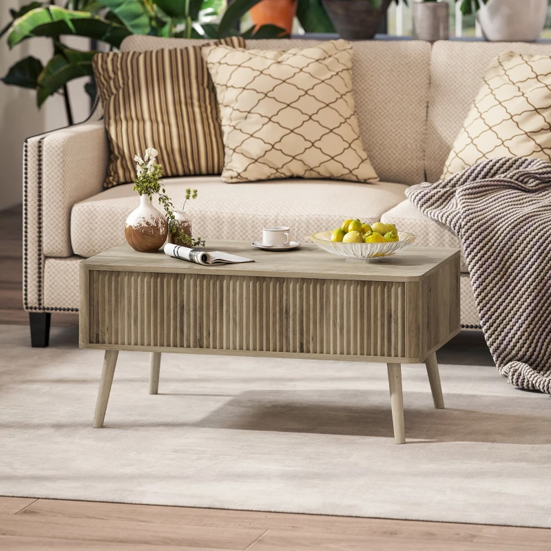 HOMCOM Lift Top Coffee Table with Storage, Center Table with Hidden Compartments and Pine Wood Legs for Living Room, Oak