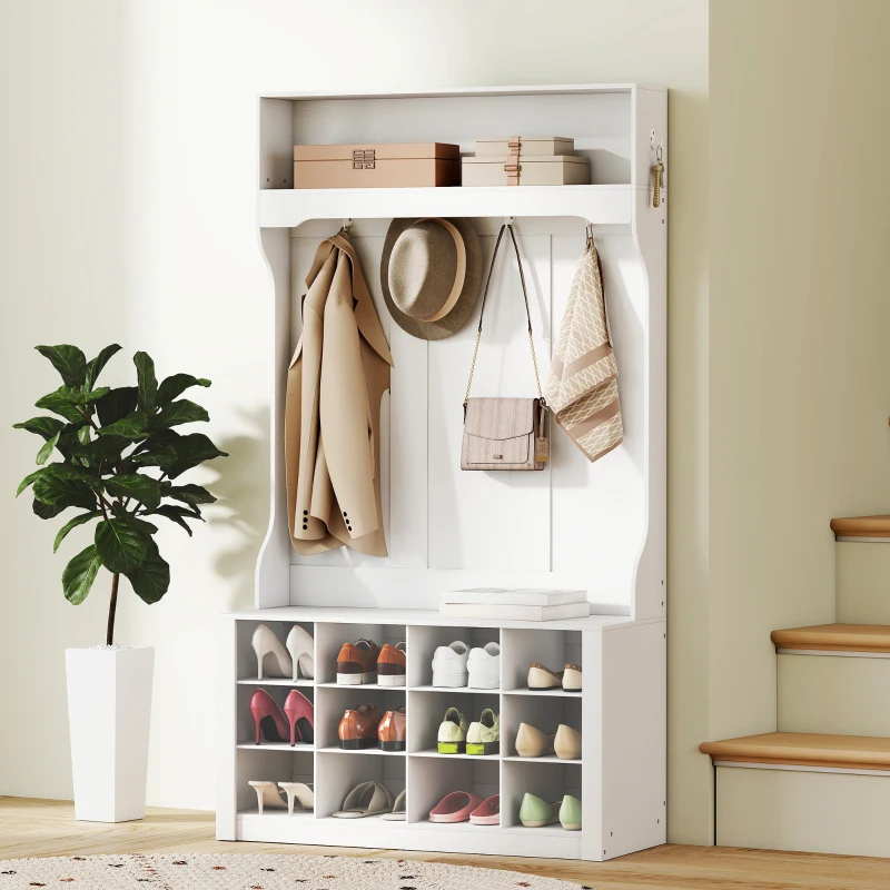 HOMCOM 4-In-1 Hall Tree with Bench and Shoe Storage, Farmhouse Coat Rack Shoe Bench with 12 Shoe Cubbies, 6 Hooks, White