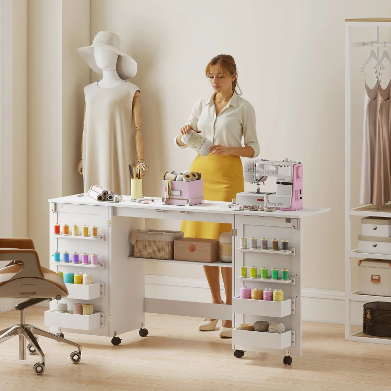 HOMCOM Folding Craft Table, Rolling Sewing Machine Table with Magnetic Doors, Bins, Pegs, Storage Shelf, Lockable Wheels, White