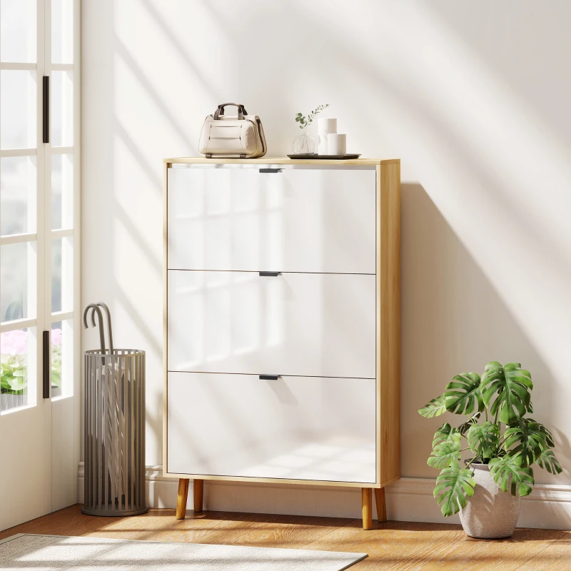 HOMCOM Narrow Shoe Cabinet, High Gloss Shoe Storage Cabinet with 3 Flip Drawers and Adjustable Shelves, Holds 24 Pairs, White