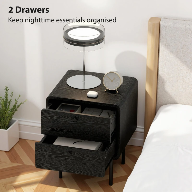 HOMCOM Modern Bedside Tables Set of 2, 2 Pieces Nightstands with 2 Storage Drawers and Steel Legs for Bedroom, Black Wood Grain