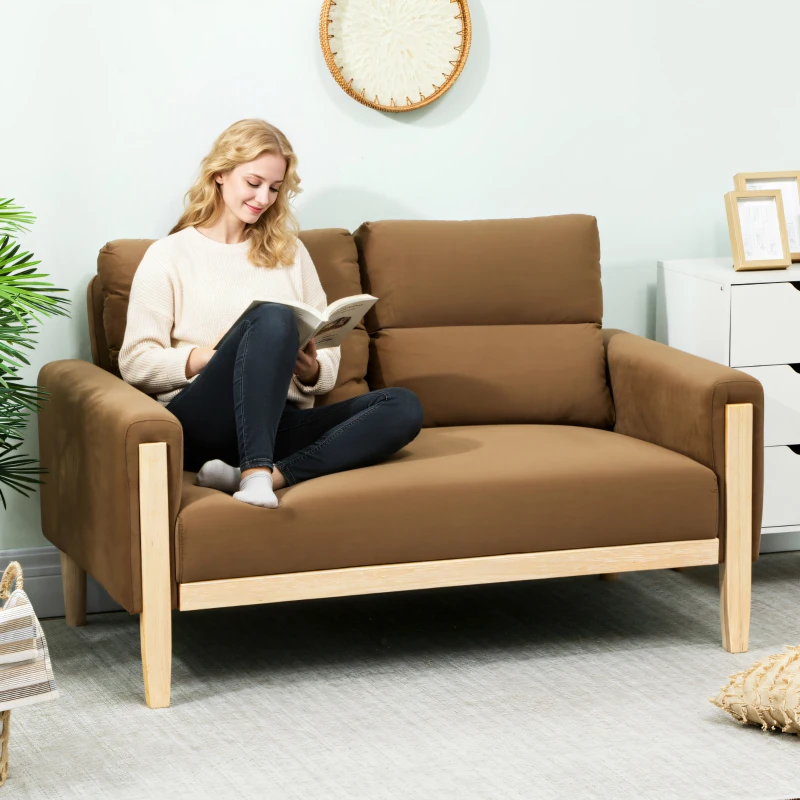 HOMCOM 53" Loveseat Sofa, Small 2 Seater Couch with Solid Wood Legs, Modern Velvet Sofa for Living Room, Small Spaces,Brown
