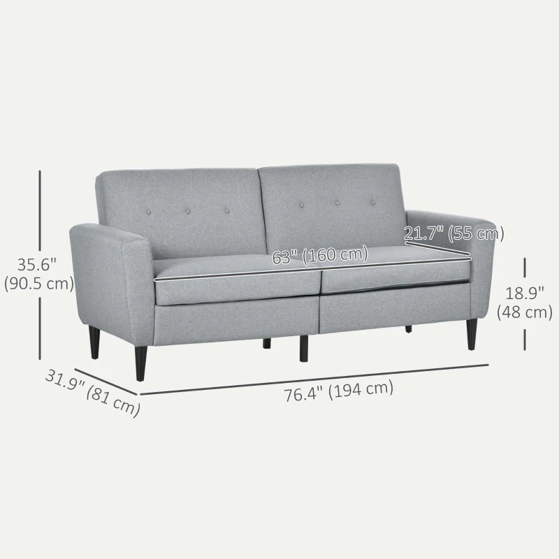 HOMCOM 3 Seater Sofa, Upholstered Couch for Bedroom, Modern Sofa Settee with Padded Cushion, Button Tufting and Wood Legs for Living Room, Grey