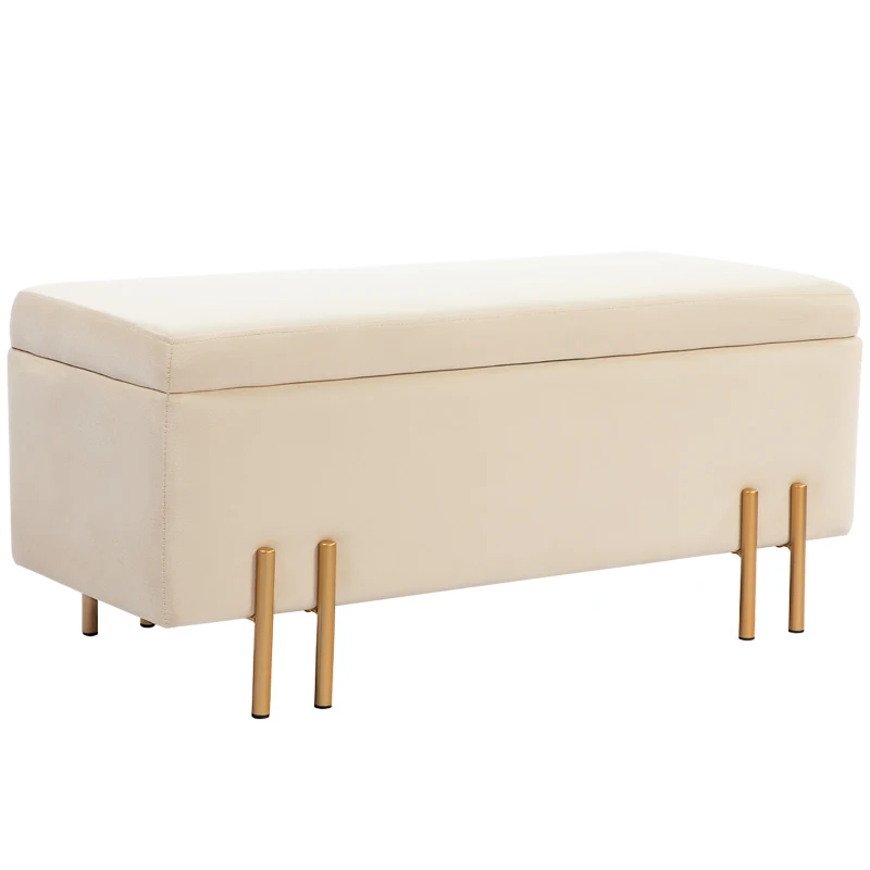 HOMCOM Storage Ottoman Bench, Flip-Top Bedroom Bench, 18.5 Gallons, Modern Velvet Storage Chest with Metal Legs, Beige