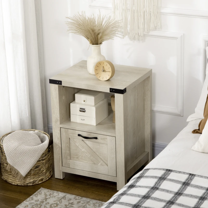 HOMCOM Side Table with Storage, Farmhouse End Table with Drawer, Open Shelf and Barn-style Panel, Nightstand for Living Room, Bedroom, Oak