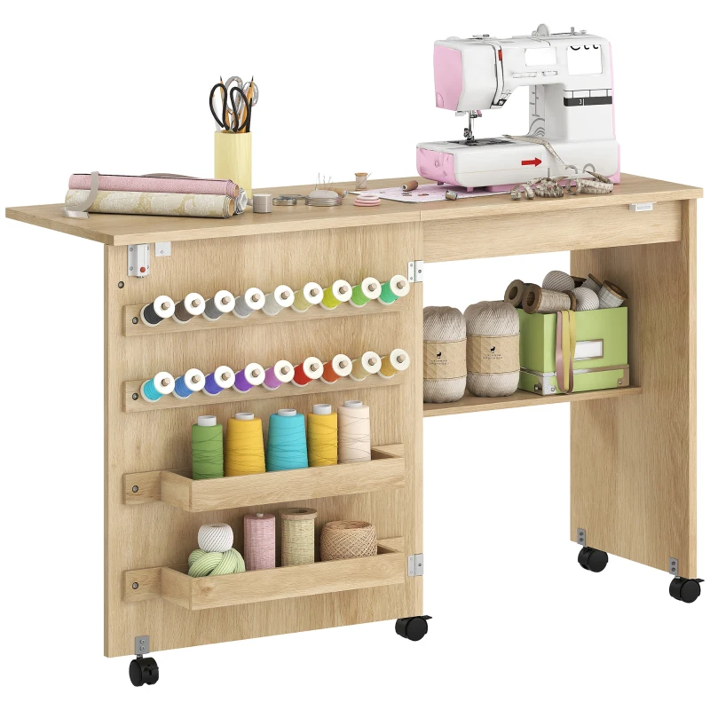HOMCOM Sewing Machine Table on Wheels, Folding Craft Table with 2 Bins, Storage Shelf, 18 Pegs, Lockable Wheels, Natural