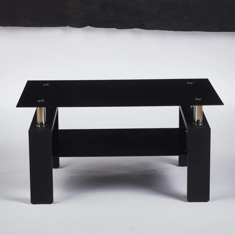 Tempered Glass Coffee Table with Geometric Design, Metal Tubular Legs, Durable Centre Desk for Living Room, 35" L x 19" W x 16.5" H, Black