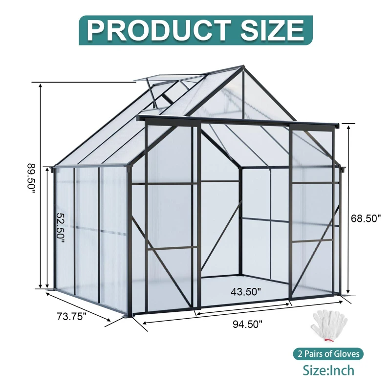 Walk-in Polycarbonate Greenhouse with Double Sliding Doors, Galvanized Base, Heavy Duty Hothouse for Plant, 94.5" L x 74" W x 89.5" H, Black