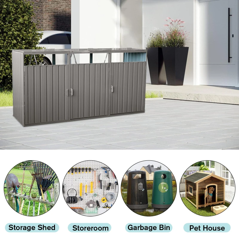 Metal Garbage Bin Shed with Doors and Lockable Handles, Trash Can Shed Perfect for Outdoor Storage, 94.5'' L x 31.5'' W x 48'' H, Grey