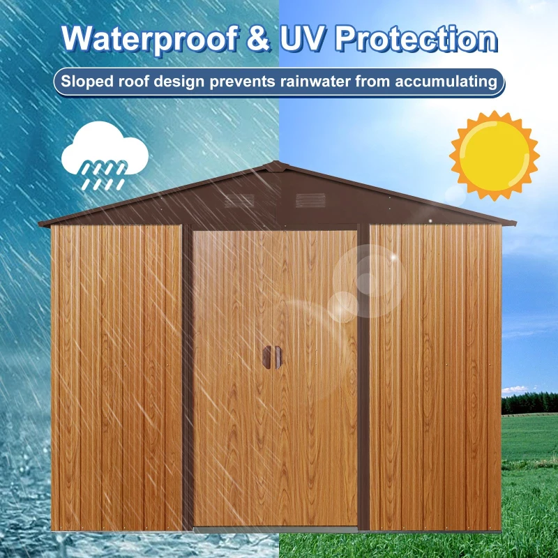8 x 10 ft Outdoor Metal Storage Shed with Metal Foundation, Sliding Doors, Outbuilding for Garden Hobbyists, 89" L x 114.5" W x 75" H, Coffee