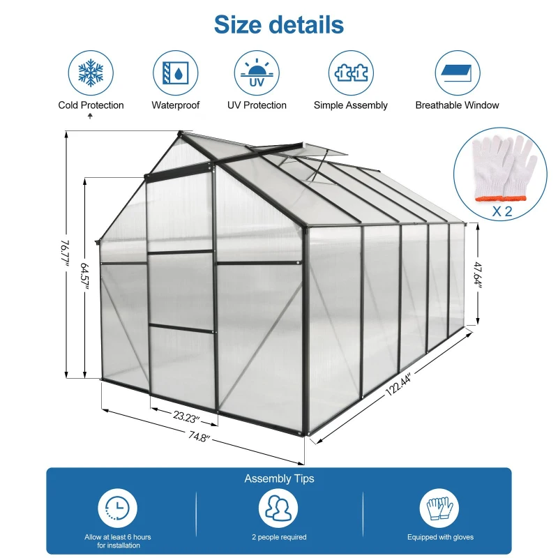 Polycarbonate Walk-in Greenhouse with Galvanized Base and Sliding Door, Heavy Duty Aluminum Hothouse for Plant, 75" L x 122.5" W x 77" H, Black