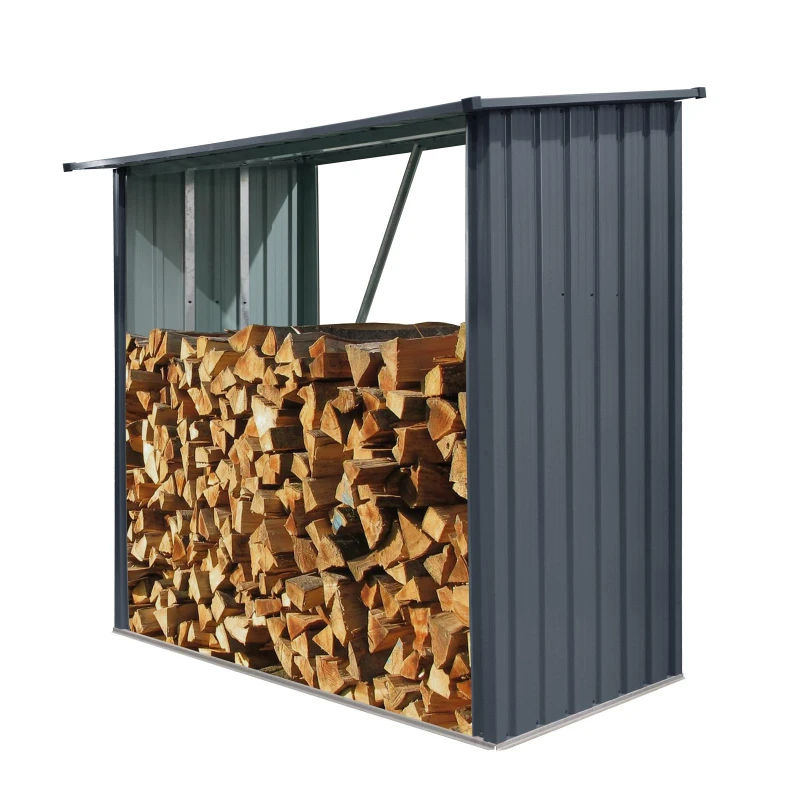 Outdoor Galvanized Steel Firewood Rack with Sloped Roof, Open Wood Shed Perfect for Firewood Storage, 85.5'' L x 35'' W x 60.5'' H, Black