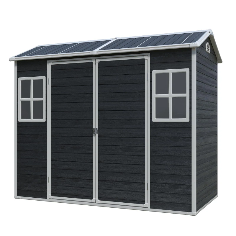 Outdoor Storage Shed with Double-Door and Two Windows, Heavy-Duty Resin Panels, Outbuilding for Backyard, 96" L x 52.5" W x 81" H, Black