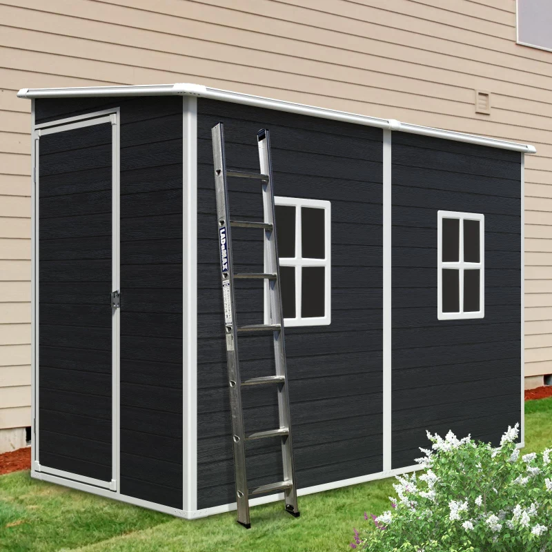 Outdoor Resin Storage Shed with 2 Windows and Lockable Doors, Storage Hut with Waterproof and Floor, 52.5'' L x 100'' W x 74'' H, Black