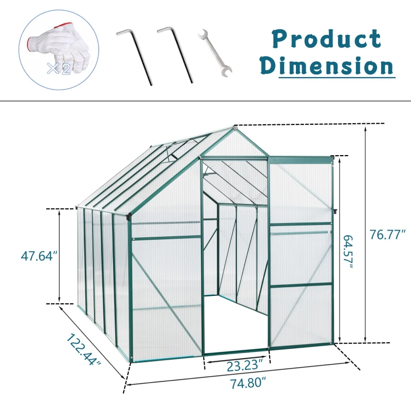 Polycarbonate Walk-in Greenhouse with Sliding Door and Adjustable Roof, Hothouse with Duty Aluminum Frame, 75'' L x 122.5'' W x 77'' H, Green