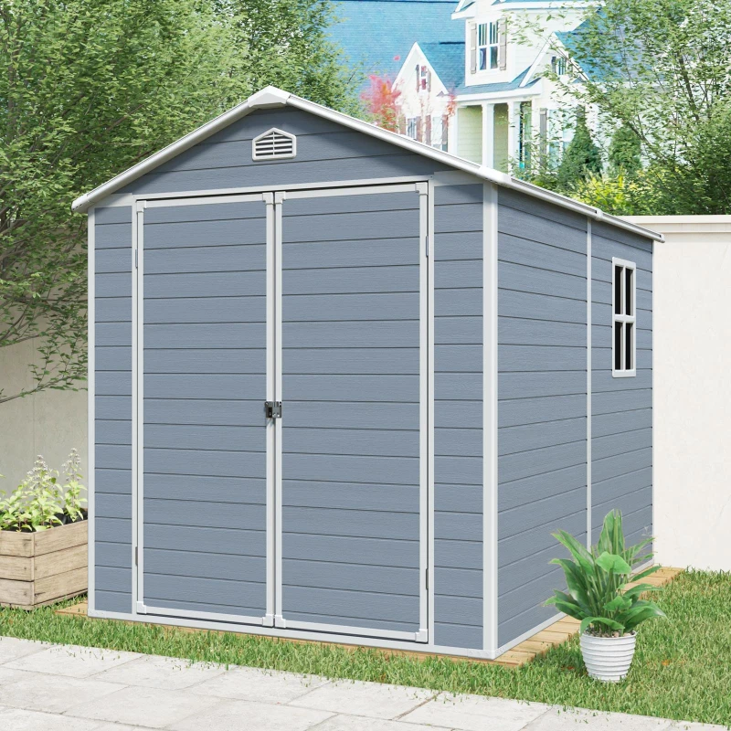 Resin Outdoor Storage Shed Kit with Pad-Lockable Double Doors, Outbuilding for Garden Hobbyists, 75'' L x 95.5'' W x 82.5'' H, Gray