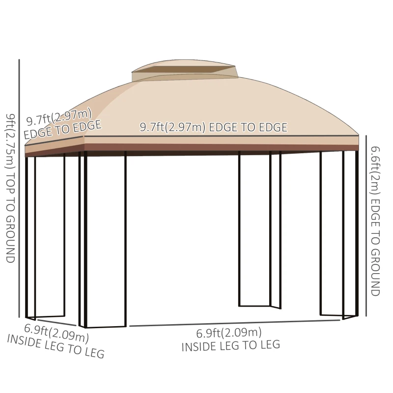 Outsunny 10' x 10' Outdoor Patio Gazebo Canopy with Double Tier Roof, Removable Mesh Nettings, Display Shelves, Beige