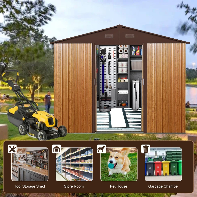 8 x 10 ft Outdoor Metal Storage Shed with Metal Foundation, Sliding Doors, Outbuilding for Garden Hobbyists, 89" L x 114.5" W x 75" H, Coffee